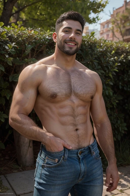 A portrait of characters [muscular 35 years old (man rubio ruso ), hairy body, Alpha male, huge biceps, defined abs, woolly fur, elegant, black Jeans, , chaqueta white deportiva de new york yankees, super fashion, botas de trabajo seductive smile, My hero] Autumn Park, 4k, high detailed, beautiful, Dark Age, arte de Stanley artgerm, by Daniel F. Gerhartz, by Pino Daeni, Very detailed, Sharp focus. Backside man backside  close up, tatoo en un brazo