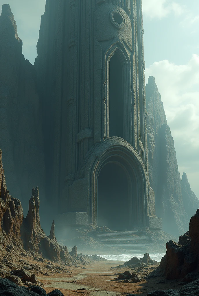 Black ancient ruins on an unknown planet,The black ancient ruins are made with the shapes of the human body, human bones and genitals as motifs.,The ancient ruins are huge,