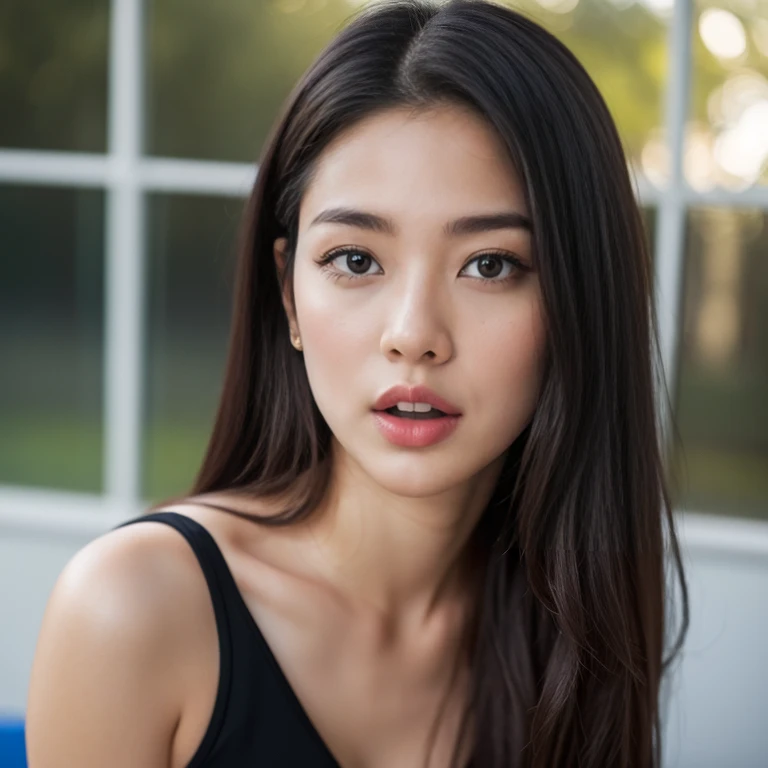 Full body photo、Small breasts、((Highest quality, 64k, masterpiece :1.3))、(((Hyperrealistic)))、looking at the camera、A very beautiful 28 year old Japanese female professional tennis player gets facialized, (((White semen overflows from her mouth and drips down to her chest.)))、Licking up the overflowing semen with the tip of her tongue、Short bob hairstyle a little messy after sex、The whole body is wet with sweat、(((Bust size is B cup)))、(((The breasts are small)))、Sitting with legs apart on a bench in the corner of an indoor tennis court、((Wearing black tennis wear))、Her mouth is open, unable to withstand the sexual pleasure、 Highest quality,(RAW Photos:1.2),(masterpiece:1.4),(Realistic:1.4)、Moist eyes、Beautiful black eyes.bukkake、(((Smaller breasts)))、A small mole under the right eye、Accurate body proportions and realistic details