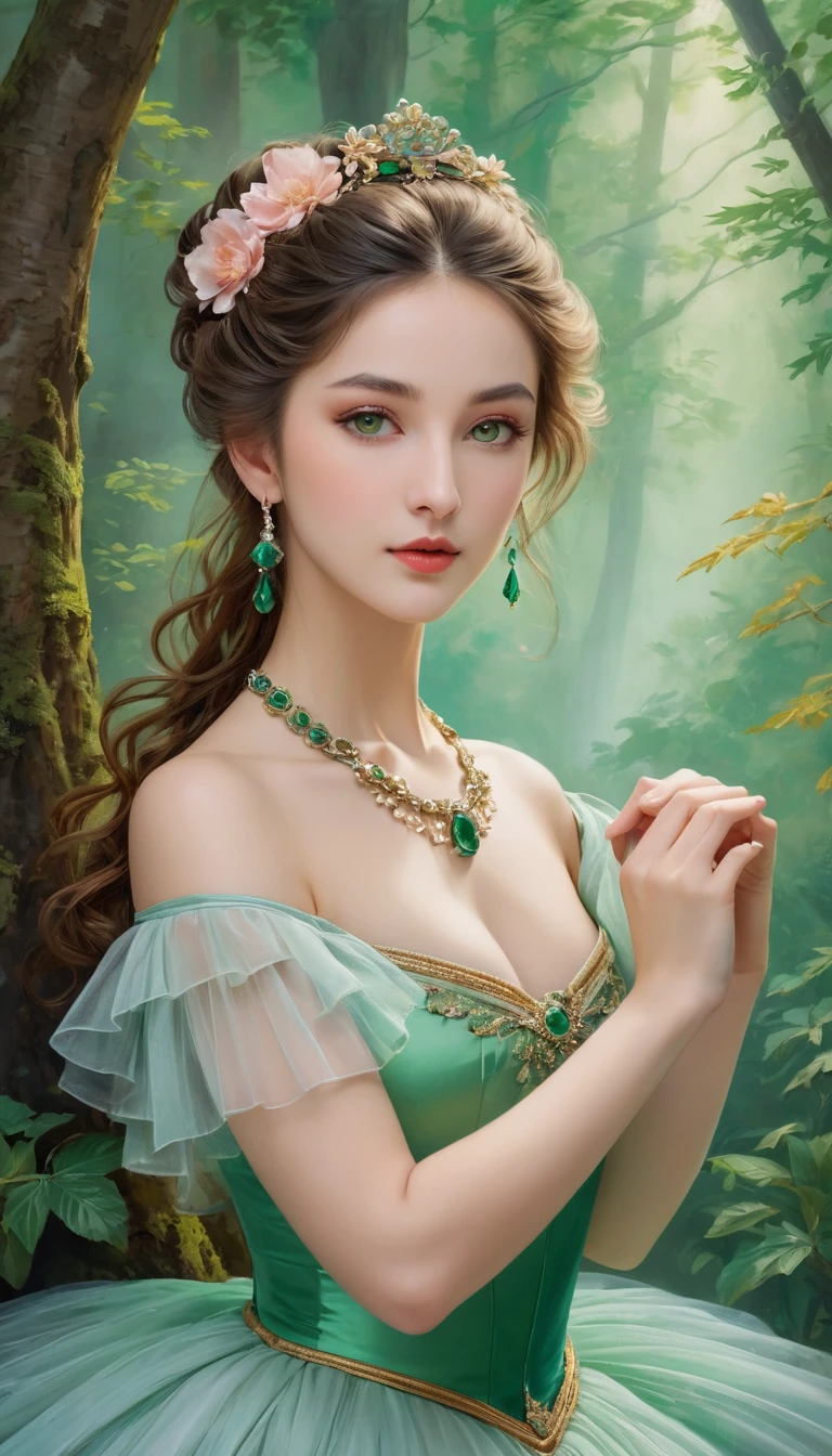 (high resolution,masterpiece:1.2),(Practical:1.37)"(best quality, high resolution, Very detailed, Practical),Beautiful portrait of a 19th century French ballerina, (She is half Scottish,Half Japanese., She is a beautiful woman,With gray-green eyes and a high nose.:1.1), Exquisite ballet costumes, Detailed facial features, Slender and graceful neck, Emerald Necklace, Flowing hair, Calm and elegant posture, Soft and delicate lighting, Classical oil painting material, Vibrant colors, Elegant background with forest pattern", Dreamy atmosphere, Surrealism,Mysterious atmosphere