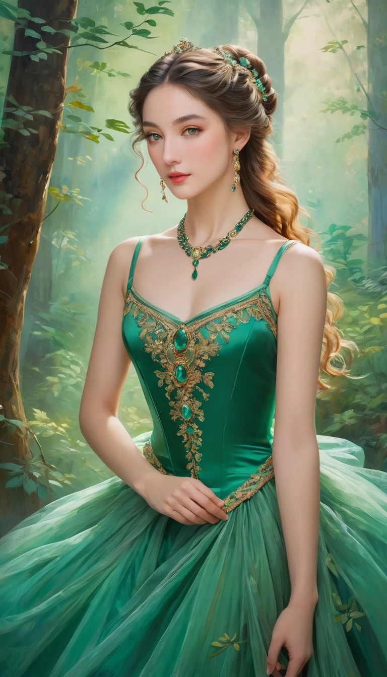 (high resolution,masterpiece:1.2),(Practical:1.37)"(best quality, high resolution, Very detailed, Practical),Beautiful portrait of a 19th century French ballerina, (She is half Scottish，Half Japanese., She is a beautiful woman，With gray-green eyes and a high nose.:1.1), Exquisite ballet costumes, Detailed facial features, Slender and graceful neck, Emerald Necklace, Flowing hair, Calm and elegant posture, Soft and delicate lighting, Classical oil painting material, Vibrant colors, Elegant background with forest pattern", Dreamy atmosphere, Surrealism,Mysterious atmosphere