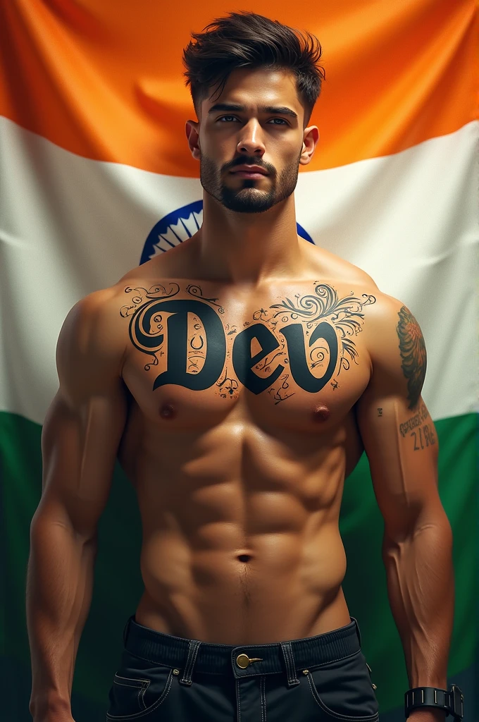 A boy with muscle body and a tattoo on body of name Dev background of Indian flag