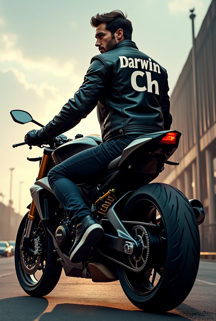 motorcyclist on a motorcycle (posing) with a jacket that has his name Darwin Ch on the back