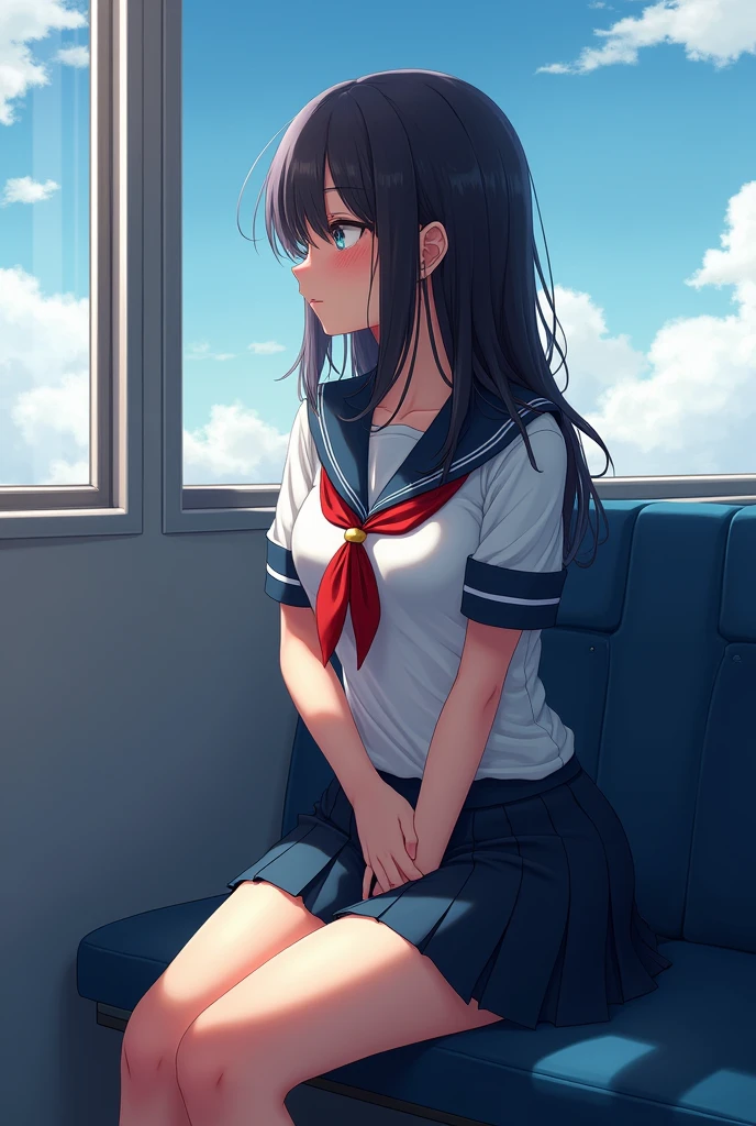 anime girl in a school uniform on a train looking out the window, a hyperrealistic schoolgirl, hyperrealistic schoolgirl, realistic schoolgirl, (sfw) safe for work, sat down in train aile, the anime girl is crouching, touching her clothes, nagatoro, seductive anime girl, digital anime illustration, [ 4 k digital art ]!!