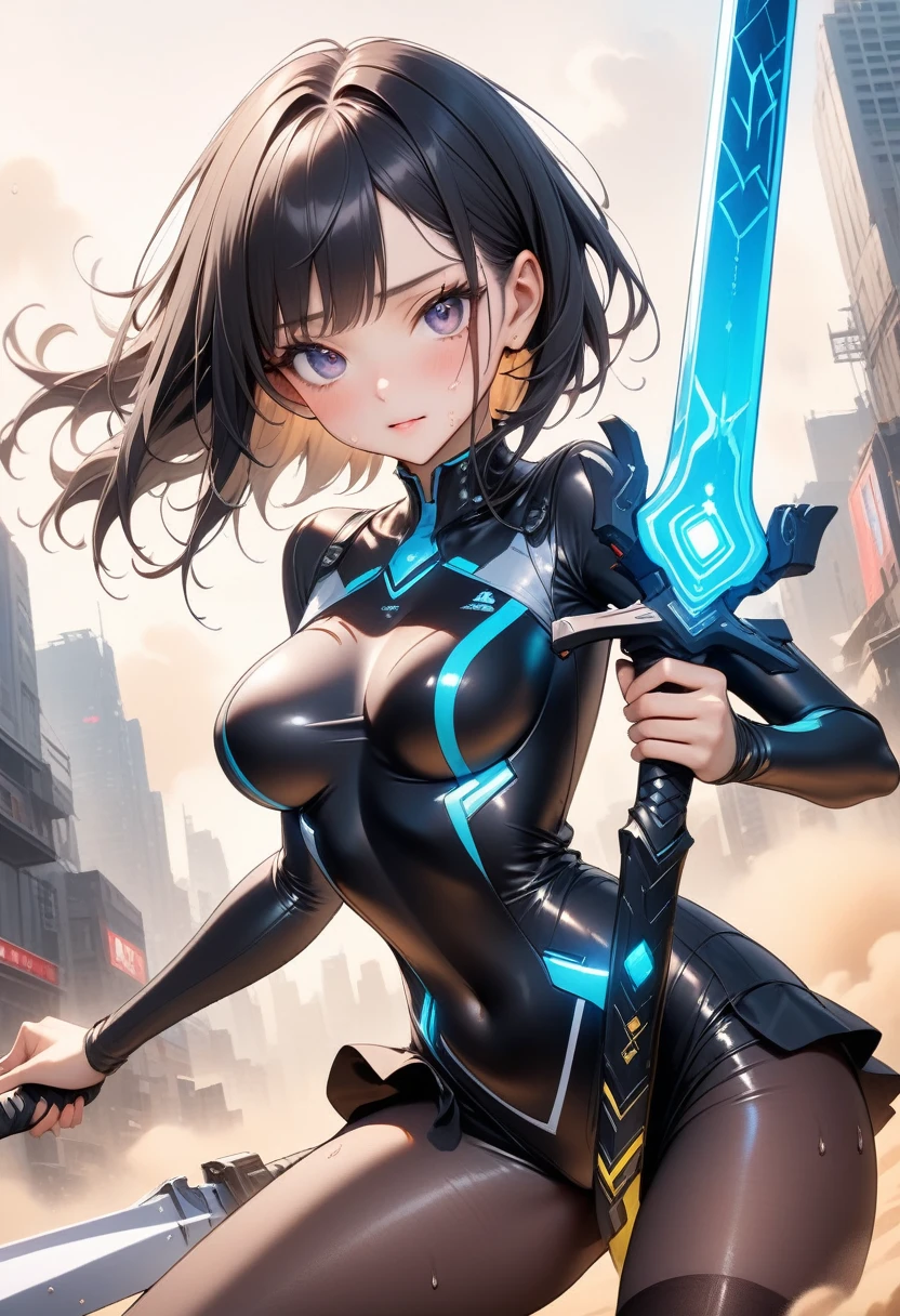 (((Hold a giant sword in both hands))), ((formal cropped jacket)), (Cyberpunk style), ((futuristic sexy bodysuit)), Mechanical Long Boots,, (skirt), (pantyhose), ((Shiny Costumes)), skindentation, skinny, solo, 1 woman, Masterpiece, highest quality, highest quality, 16K, incredibly absurd, highly detailed, 2.5D, ai-generated, delicate and dynamic, very delicate facial expressions, delicate eye depiction, erotic, only sexy woman, ((A cute and kind face)), healthy figure, ((25-year-old woman)), 160cm tall, medium firm swaying bust, Sweat,Embarrassed,sexy, ((thin thighs)), (camel toe:0.7), , (Erect nipples,:0.7), shiny and lustrous, facing straight at viewer, (((in heat))), ((Oily_skin)), ((Lots of sweat)), ((dutch angle)), ((erotic pose)), (((Very dynamic pose))), A ruined cityscape of the future, ((Riding on a giant weapon)), In the sandstorm,