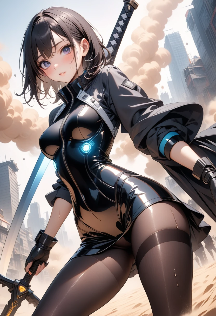 (((Hold a giant sword in both hands))), ((formal cropped jacket)), (Cyberpunk style), ((futuristic sexy bodysuit)), Mechanical Long Boots,, (skirt), (pantyhose), ((Shiny Costumes)), skindentation, skinny, solo, 1 woman, Masterpiece, highest quality, highest quality, 16K, incredibly absurd, highly detailed, 2.5D, ai-generated, delicate and dynamic, very delicate facial expressions, delicate eye depiction, erotic, only sexy woman, ((A cute and kind face)), healthy figure, ((25-year-old woman)), 160cm tall, medium firm swaying bust,　Sweat,Embarrassed,sexy, ((thin thighs)), (camel toe:0.7), , (Erect nipples,:0.7), shiny and lustrous, facing straight at viewer, (((in heat))), ((Oily_skin)), ((Lots of sweat)), ((dutch angle)), ((erotic pose)), (((Very dynamic pose))), A ruined cityscape of the future, ((Riding on a giant weapon)), In the sandstorm,