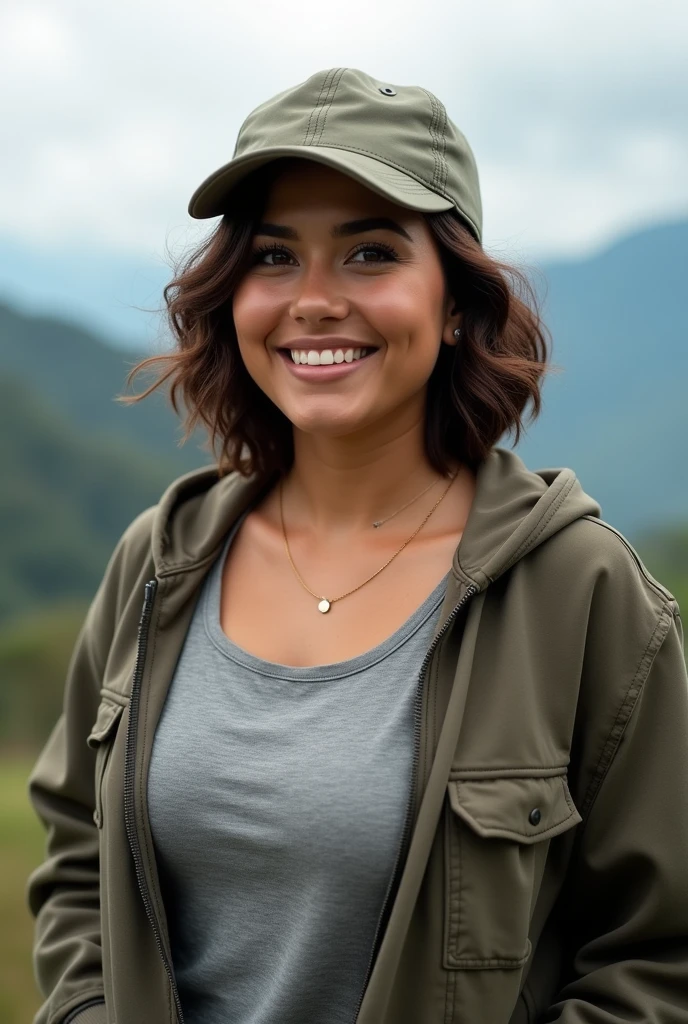 Beautiful latina with light brown eyes, 40 years old, woman wearing a t-shirt, hoodie with cap, full body view, in colombia, mountain, almond eyes, oval face shape, plus size body, L body, prominent cheekbones, short naturally wavy hair, high resolution, masterpiece, best quality, intricate details, highly detailed, sharpness, detailed skin texture, eye details, profession, 4k resolution, charming smile, shot with cone, depth of field, kodak vision color, 100 kilos, extremely detailed, ultra realistic photography, realistic photo, post-processing, maximum detail, true to life, instagram model.