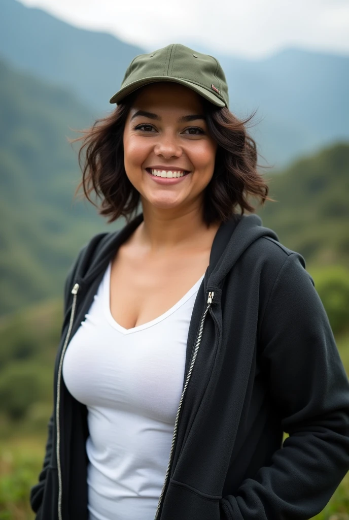 Beautiful latina with light brown eyes, 40 years old, woman wearing a t-shirt, hoodie with cap, full body view, in colombia, mountain, almond eyes, oval face shape, plus size body, L body, prominent cheekbones, short naturally wavy hair, high resolution, masterpiece, best quality, intricate details, highly detailed, sharpness, detailed skin texture, eye details, profession, 4k resolution, charming smile, shot with cone, depth of field, kodak vision color, 100 kilos, extremely detailed, ultra realistic photography, realistic photo, post-processing, maximum detail, true to life, instagram model.