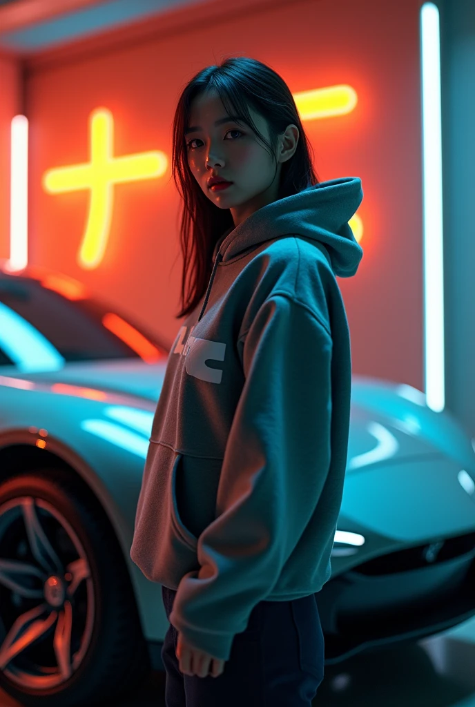 Japanese woman posing next to a car,model、  （"BUDDICA" It is written there）,hoodie, Cinema Lighting,、 Shine、neon、orange accent、&quot;BC&quot; written on the car、