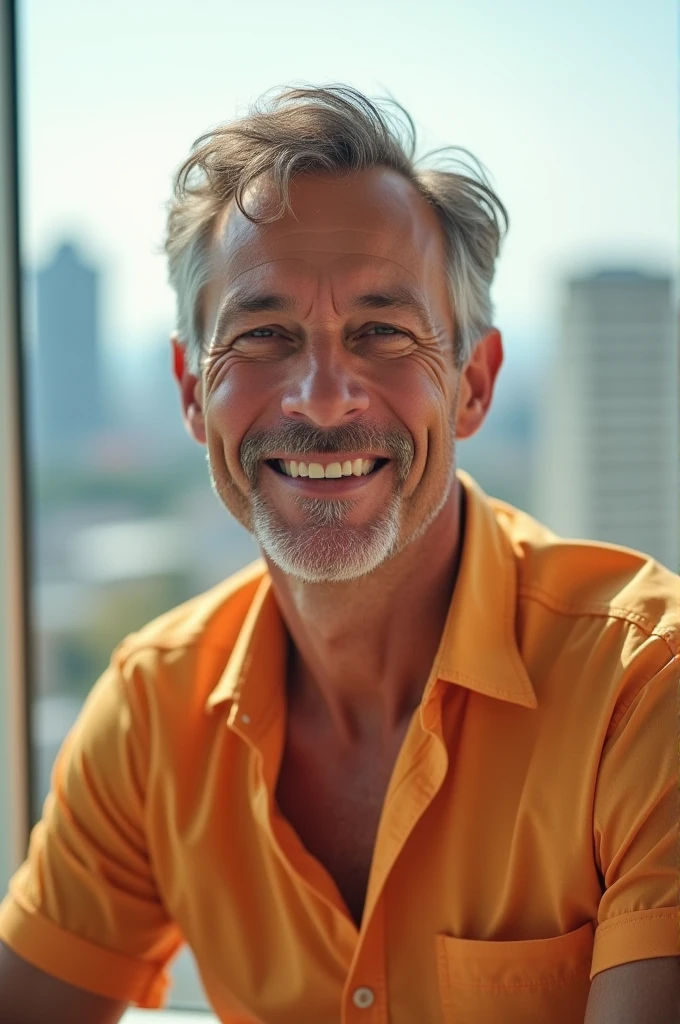 A man wearing a refreshing casual shirt) looks straight at the camera and smiles, The background is a city view, daytime)Close-up