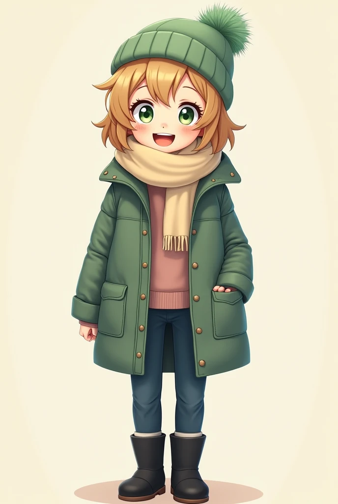 Medium light brown blonde hair, green eyes, medium pastel green hat, Dark pastel green jacket for cold weather, with dark blue pants and black boots, he is 13, cheered up, it&#39;s girl