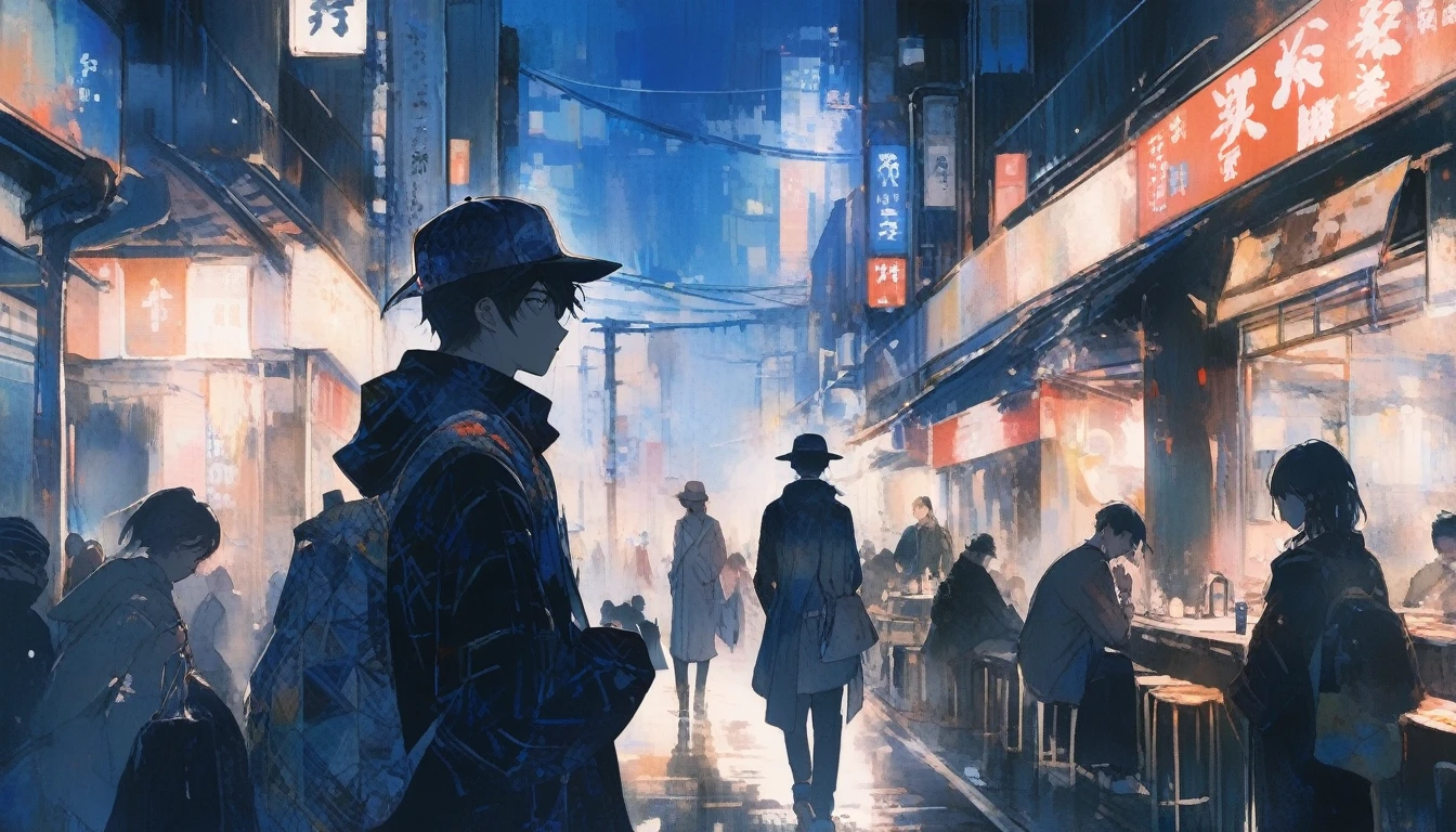 (((Wear a hat))),(((Highest quality,masterpiece))),Blue (Aoi) - Lonely Artist Background: 20代後半のBlueは、Unable to find my place in the hustle and bustle of the city、An illustrator who feels lonely。He continues to search for inspiration in the outskirts of the city.、I was no longer finding joy in drawing.。During the day, I sketch in cafes and parks.、At night, I am guided by the neon lights、Wander through Tokyo&#39;s backstreets and quiet corners。
Purpose: Finding new meaning in your art。Through the light and shadow of the city、Express yourself、He wants to complete a new piece to help him deal with the pain of his past.。
character: Introverted and sensitive、The type who expresses themselves through pictures rather than words。Past failures have become traumatic、Tendency to avoid deep relationships with others。