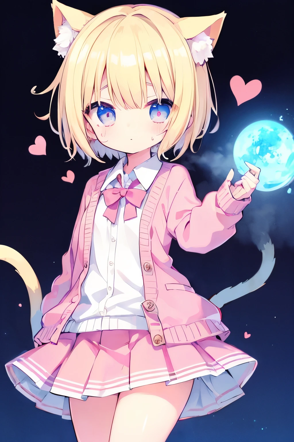 Blonde cardigan、Pink Skirt、Putting on a collar、Elementary school girl、platinum blonde short cut,Very beautiful and Shining Eyes、Shining Eyes、1 person、Cat ear、(((((Small body)))))、heart❤、((Sweat、vapor))