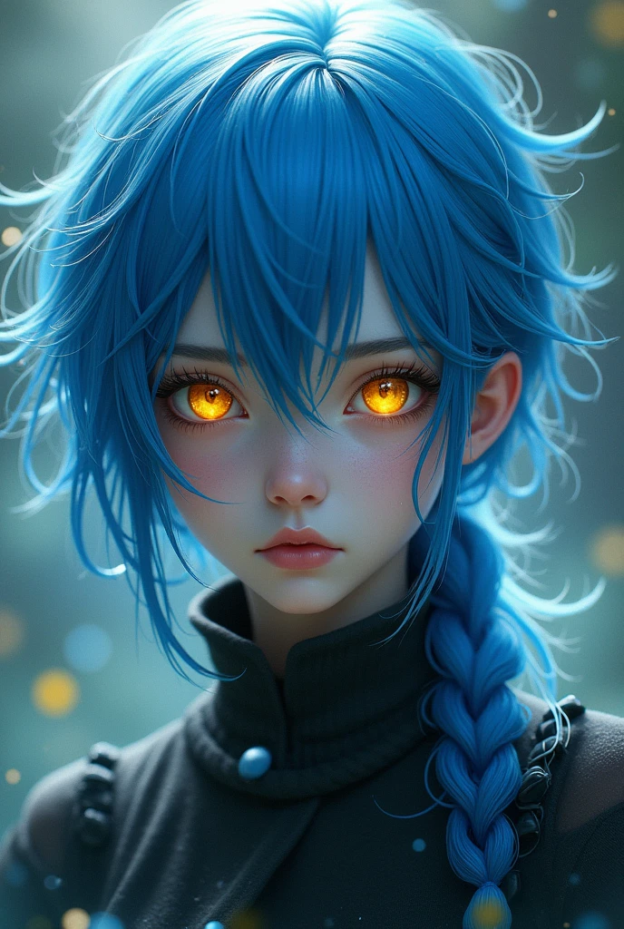 blue haired character with yellow eyes
