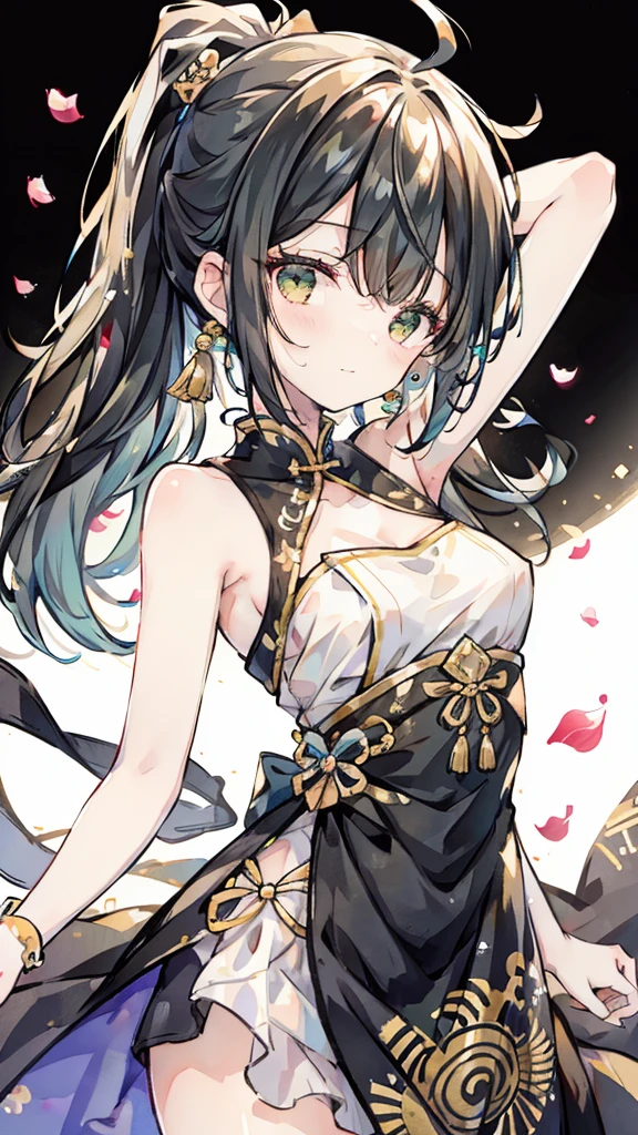 short girl, 1girl, solo, masterpiece, highres, solo, 8k, detailed, perfect face, best quality, (ultra high quality), (looking at viewers), (armpit), bare arms, small breast, sideboob, black hair, long hair, ponytail hair, hair bangs, green eyes, chinese dress, traditional dress, green dress, slim body, upper body, smile, hand up