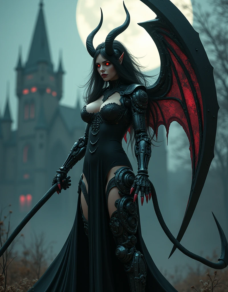Mechanical demon woman、Detailed robot arm、Detailed robot legs、Detailed mechanical body、detailed gear、Fangs like wolves、Bull-like horns、Large bat-like wings、Devil's Tail、Beautiful glowing red eyes、black sheer dress、Beautifully detailed face、Ideal body type、Big Breasts、Narrow waist, holding a very giant scythe:1.7, In the background is a Gothic castle surrounded by a moonlit forest.、Cowboy Shot、