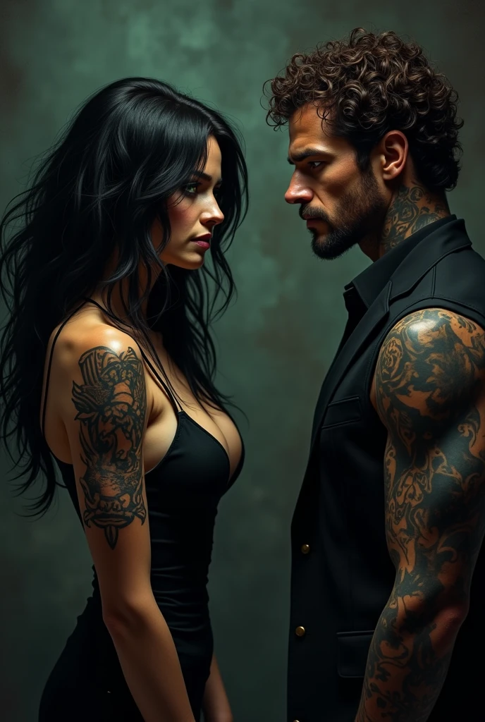 Create a photo with a woman, black hair,greeneyes, with a tattoo and a murderer for hire along with a man, with curly hair, brown eyes, tattooed and mafia boss in dark style