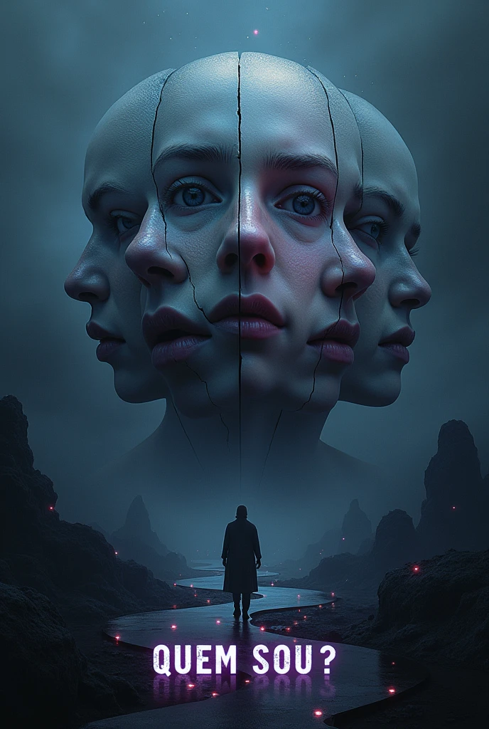 Create a melancholic and introspective album cover for the song 'QUEM SOU?,' capturing the themes of identity crisis, emotional disarray, and the search for self. The scene should feature a fragmented mirror or reflective surface, with each shard reflecting a different version of the same face, symbolizing the fractured identity and confusion of the self. The background is a dark, surreal landscape with twisting paths leading in different directions, representing the uncertainty of the future and the struggle to find a true path. The color palette should include deep blues, purples, and muted grays, evoking a sense of melancholy and introspection.
Abstract shapes or distorted figures can be seen in the background, subtly blending into the shadows, representing the pressures and expectations that distort one's true self. Faint glimmers of neon light add an electro-pop feel, while a soft, diffused glow around the fragmented mirror hints at the possibility of clarity or self-discovery amidst the darkness. The album title 'QUEM SOU?' should be written in a blend of bold, distressed font and softer, flowing script, seamlessly integrated into the image, reflecting the conflict and search for identity.