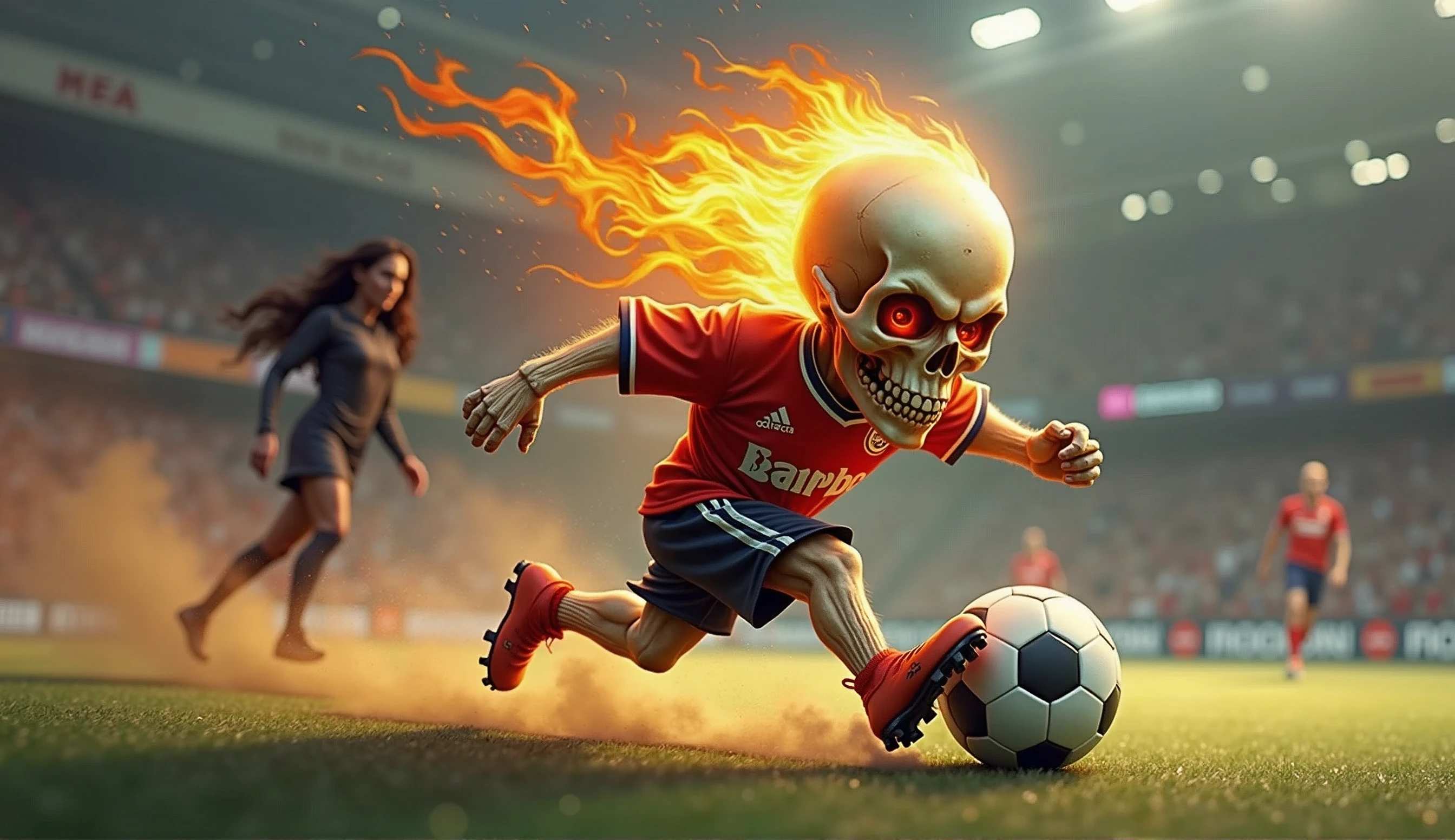 A captivating illustration of a small, angry flaming skull of short stature, showcasing exceptional speed as it plays soccer. The skull,adorned with a tiny jersey and soccer cleats, is on fire, leaving a trail of smoke behind. The background reveals a soccer field,The crowd cheers in the stands, as the skull skillfully navigates through the field. In the background is a sexy girl, dark fantasy