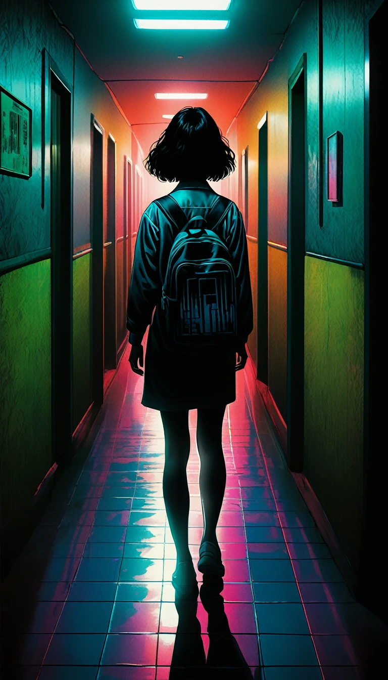 An illustration、art、80s Thai horror movie poster, Supervised by Junji Ito、(Apartment hallway:1.0)、night、Attention to detail, Realistic Shadows、Analog Style, chromatic aberration, Surrealism、Complementary Gradient