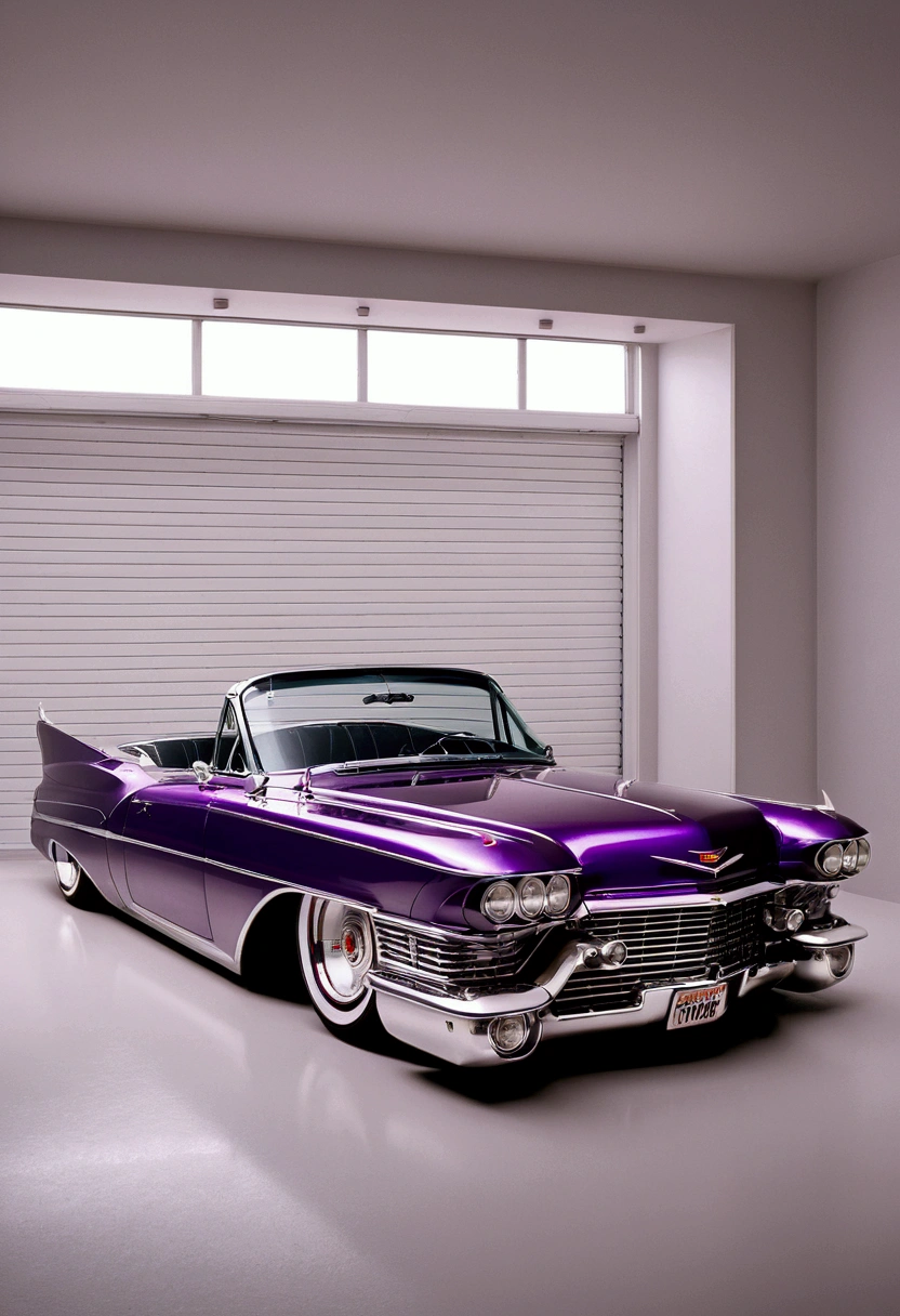 DIAGONAL and distant CAMERA, full image of A beautiful 18 year old girl driving inside a 1959 Cadillac Eldorado Biarritz convertible hot rod, COR silver chrome metallic reflective, METALLIC PURPLE COLOR, Hot rod style , film style stalone cobra, the painting reflects the sunlight, reflection of light shine on painting, It has a purple star wheel, It has a purple star wheel, thick and ridiculously wide and turned sports wheels, GOLDEN AND POLISHED WHEELS, It has gold wheels, ridiculously lowered front suspension, inside a garage with white walls, image in diagonal pose, masterpiece, whole image
