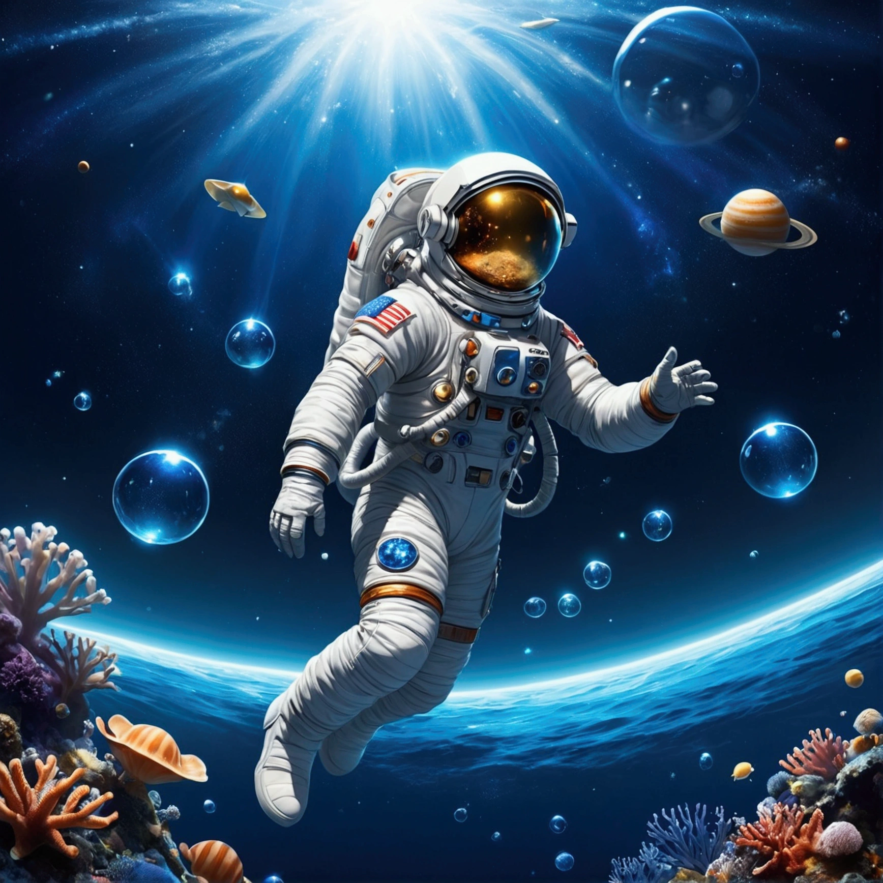 - **theme**: A fantastic scene that makes the ocean look like space - **element**:
- An astronaut floating in the ocean - Sea creatures look like stars and planets - A fantastic atmosphere with light streaming in - Bubbles floating like space dust - The contrast between deep blue and shining stars is the best quality, Sparkle Effect,