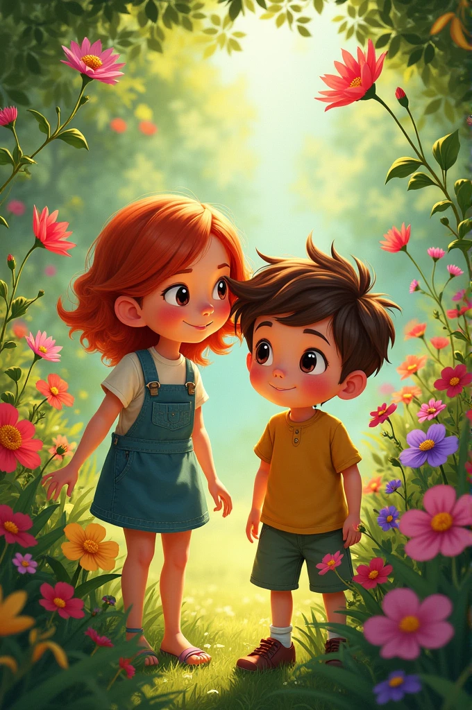 Anna and Lucas (children)observing a garden with flowers of different colors.