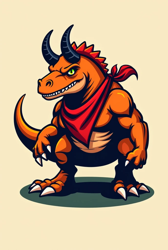 Non-transparent logo with solid colors using an orange dinosaur with horns and a red bandana, Combine it creatively and let your sucky personality shine 
