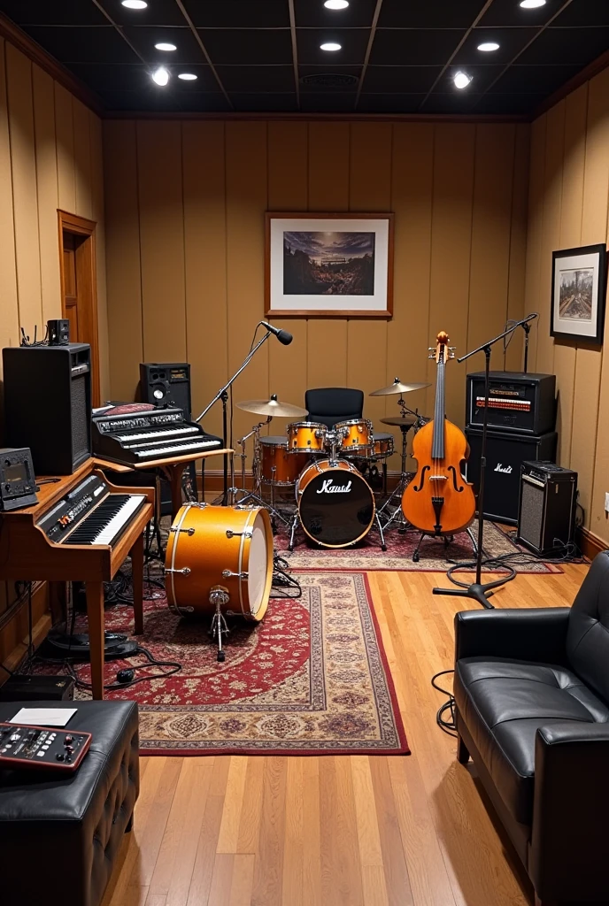 Create a band practice room with drums, bass, organ and mic but no one, more furniture
