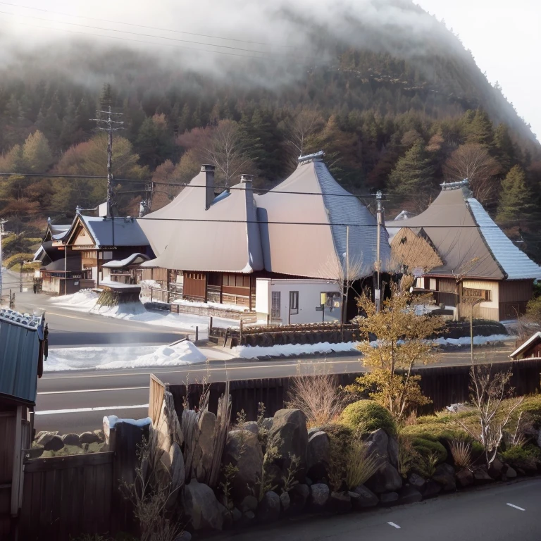 Many houses are on the side of the road, high-end hot spring, japanese hot spring, hot spring, in karuizawa, Japanese Village, japanese town, japanese rural town, Beasts, yoshifumi ushima, Gunma Prefecture, By Tadashige Ono, town, 背景のJapanese Village, shop
