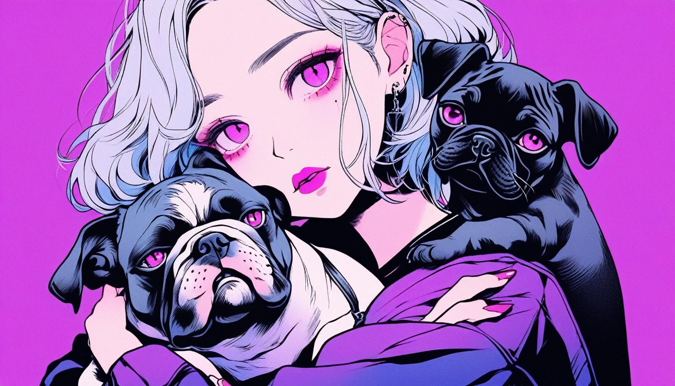 Illustrator, anime , Realistic ,sketch , Inside the intersection、An adult woman holding a cute bulldog puppy, lip, nail、T-shirt,order,Textured Trim, (masterpiece,Highest quality) , Neon Hair,Textured Trim, Canadian, (masterpiece,Highest quality) Cancer,night、Dark Eyes、night、