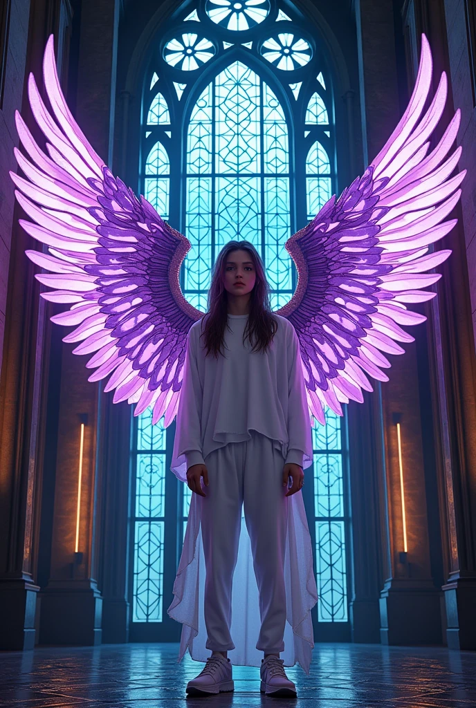 Arafed a ((stained glass art image:1.5)) stained-glass windows, of a (cyberpunk mech male angel: 1.2) standing in at the street at noite an exquisite beautiful cyberpunk male angel, teenager, long hair brown  1.3)),  (lilac angelic wings: 1.2), spread angelic wings, white outfit, white, Mediovale (work of art: 1.5), Vibrant, ultra-high resolution, hight contrast, work of art:1.2, highest quallity, better aesthetics), best details, best qualityer, high resolution, Ultra Wide Angle, 16K, [ultra detaild], work of art, best qualityer, (extremely detaild), mechanical creatures, intense gaze, stained-glass windows