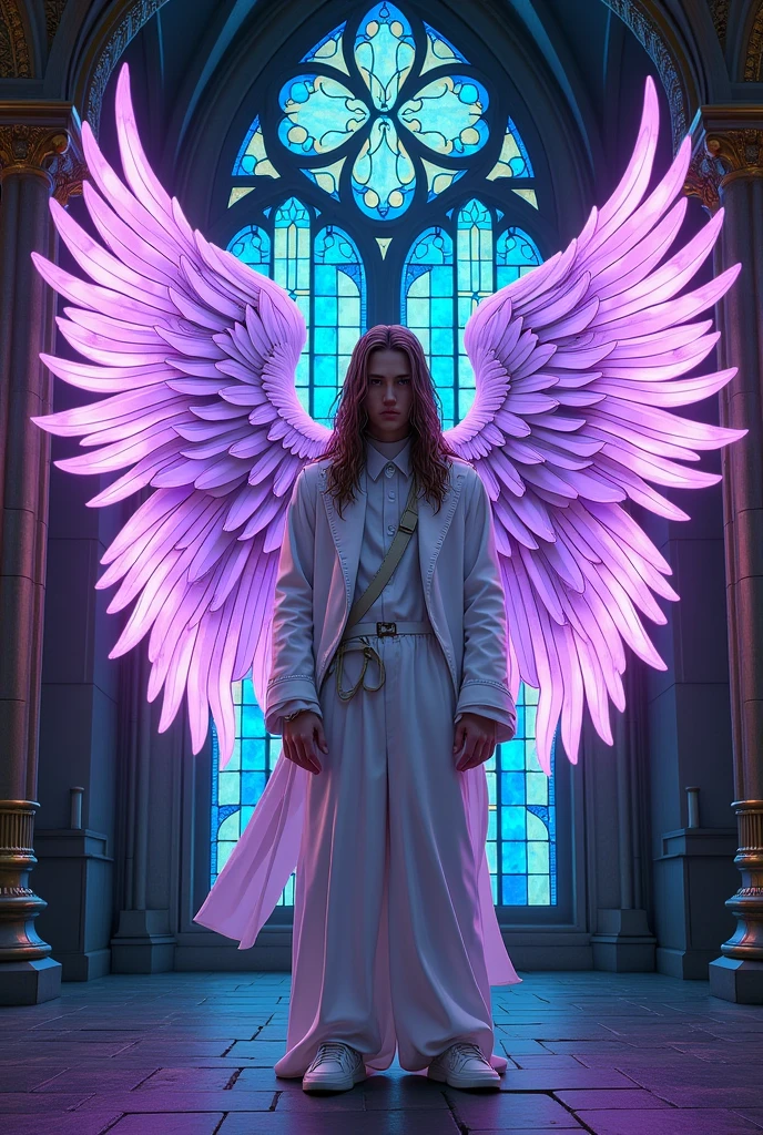 Arafed a ((stained glass art image:1.5)) stained-glass windows, of a (cyberpunk mech male angel: 1.2) standing in at the street at noite an exquisite beautiful cyberpunk male angel, teenager, long hair brown  1.3)),  (lilac angelic wings: 1.2), spread angelic wings, white outfit, white, Mediovale (work of art: 1.5), Vibrant, ultra-high resolution, hight contrast, work of art:1.2, highest quallity, better aesthetics), best details, best qualityer, high resolution, Ultra Wide Angle, 16K, [ultra detaild], work of art, best qualityer, (extremely detaild), mechanical creatures, intense gaze, stained-glass windows