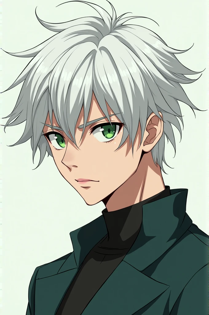 1 image of a 20 year old male anime character with white hair reaching to his eyebrows, green eyes serious face