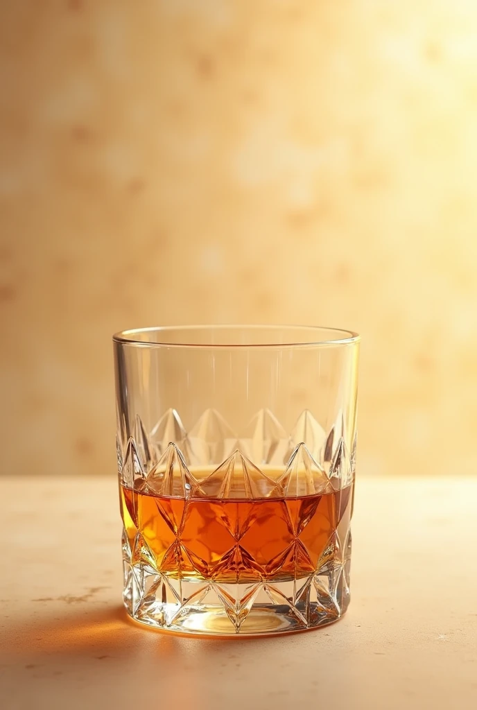 show a short glass of wiskey with many details with a beige background with many details