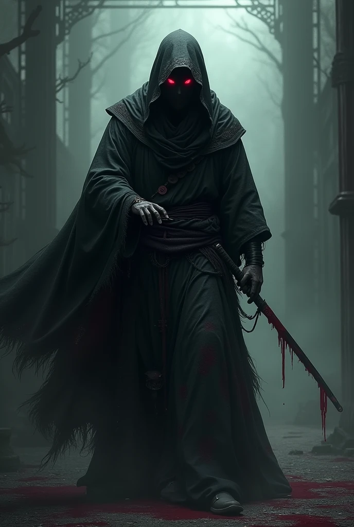Shadow character with katana , horror , with blood , red ryes , gaming character
