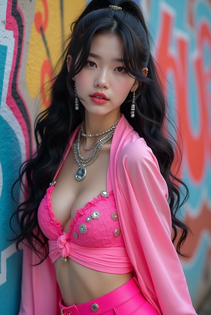 beautiful kpop idol girl wearing a pink hip-hop outfit covered elegantly, her long black hair beauty in ponytail curly, against the backdrop of a graffiti wall during the day