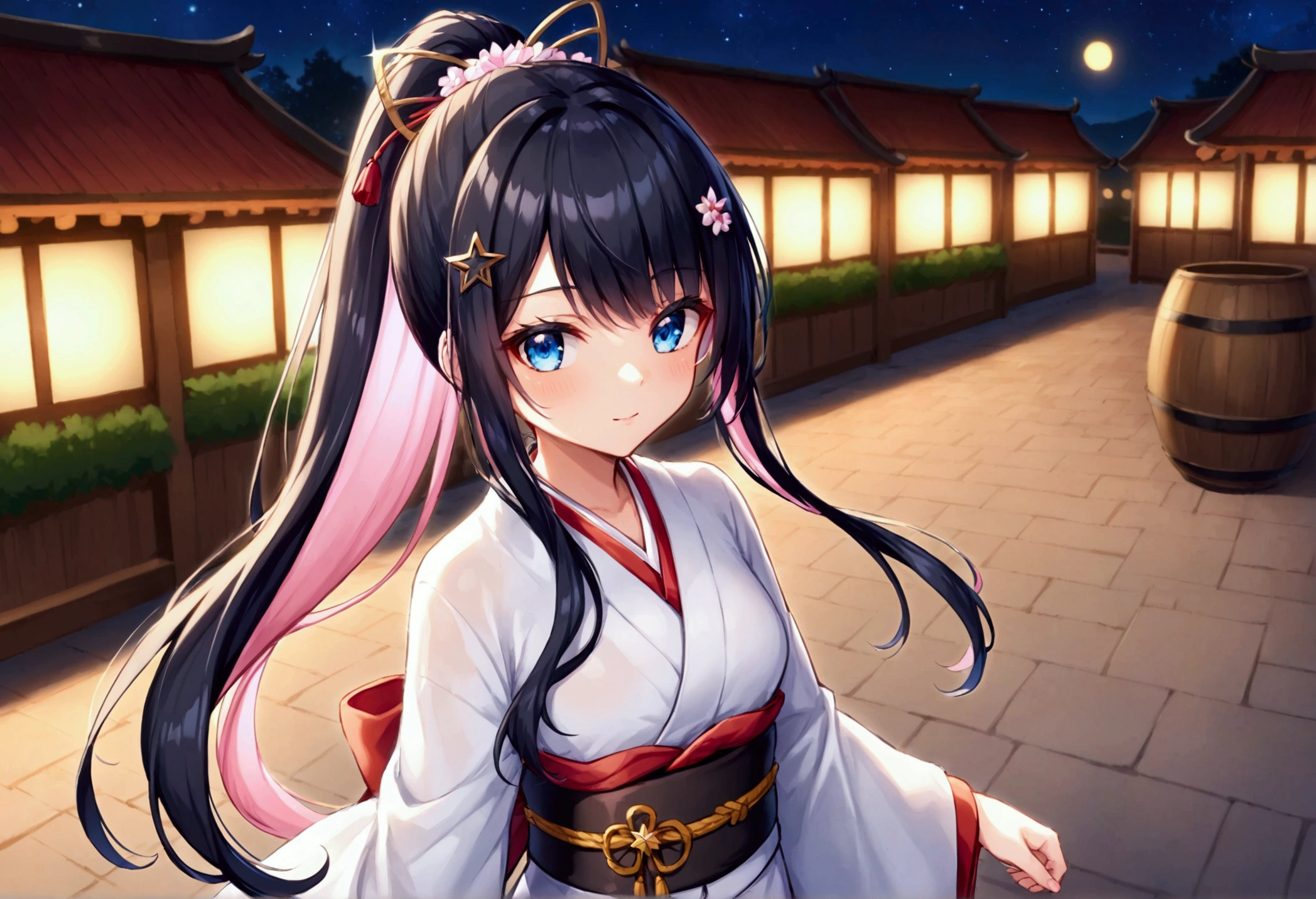 ponytail((Highest quality))、(masterpiece),(deep shadows)、,email, (１6 year old beautiful girl),(colored inner hair　black hair + pink inner hair),Flower-shaped hairpin,Big Barrel,eyes widen、(with star-shaped irises),BREAK　Blue eyes　BREAK aanazuna, ponytail, long hair, multicolored hair, undone clothing, off shoulder, kimono in focus with blurred background, in the Japanese festival, at dusk, from above, upper body, wide shot, wide-angle lens, warm lighting, moonlight, at night, at festival