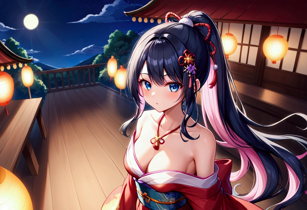 ponytail((Highest quality))、(masterpiece),(deep shadows)、,email, (16 year old beautiful girl),(colored inner hair black hair + pink inner hair),Flower-shaped hairpin,Big Barrel,eyes widen、(with star-shaped irises),BREAK Blue eyes BREAK aanazuna, ponytail, long hair, multicolored hair, undone clothing, off shoulder, kimono in focus with blurred background, in the Japanese festival, at dusk, from above, upper body, wide shot, wide-angle lens, warm lighting, moonlight, at night, at festival