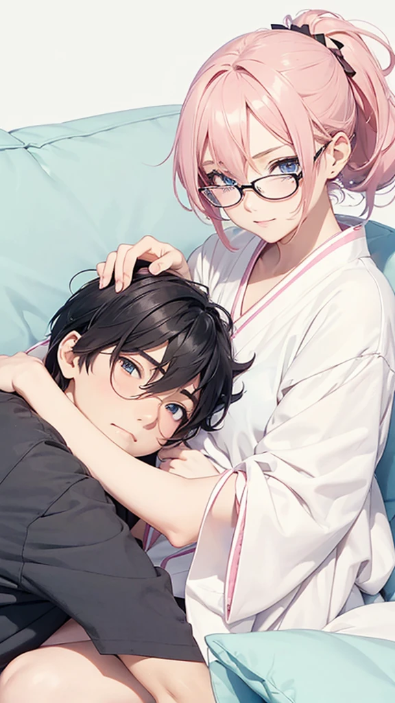 Create an anime-style illustration featuring a close and intimate moment between two characters, a girl and a boy. The girl has pink hair tied in a loose ponytail with a black ribbon and wears glasses that accentuate her large, expressive blue eyes. She has a slightly surprised or shy expression, with a soft blush on her cheeks. She is lying down on a soft surface, possibly a bed or sofa, wearing a light-colored kimono or robe with a casual, relaxed fit.The boy has short, black hair and striking blue eyes. He is resting his head on the girl's lap, with a content and slightly mischievous smile. He is wearing a dark-colored shirt, and his relaxed posture suggests comfort and affection. The overall composition emphasizes a warm, cozy atmosphere with soft, pastel colors, creating a sense of closeness and tenderness between the two characters.