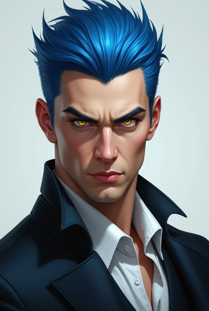 character blue haired man with yellow eyes