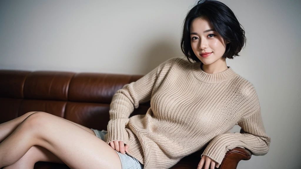 (masterpiece), (8k, Realistic, RAW Photos, Highest quality), (One person,solo), Beautiful Face, (Realistic Face), (Black Hair, short hair:1.3), Beautiful hairstyle, Realistic eyes, Beautiful attention to detail, (Realistic Skin), Beautiful Skin, (sweater), Absurd, Charm, Ultra-high resolution, Ultra-realistic, Very detailed, Golden Ratio,One person, solo, smile, Anatomically correct, Cowboy Shot, Sitting,Widescreen, Crossing your legs,Beautiful legs,