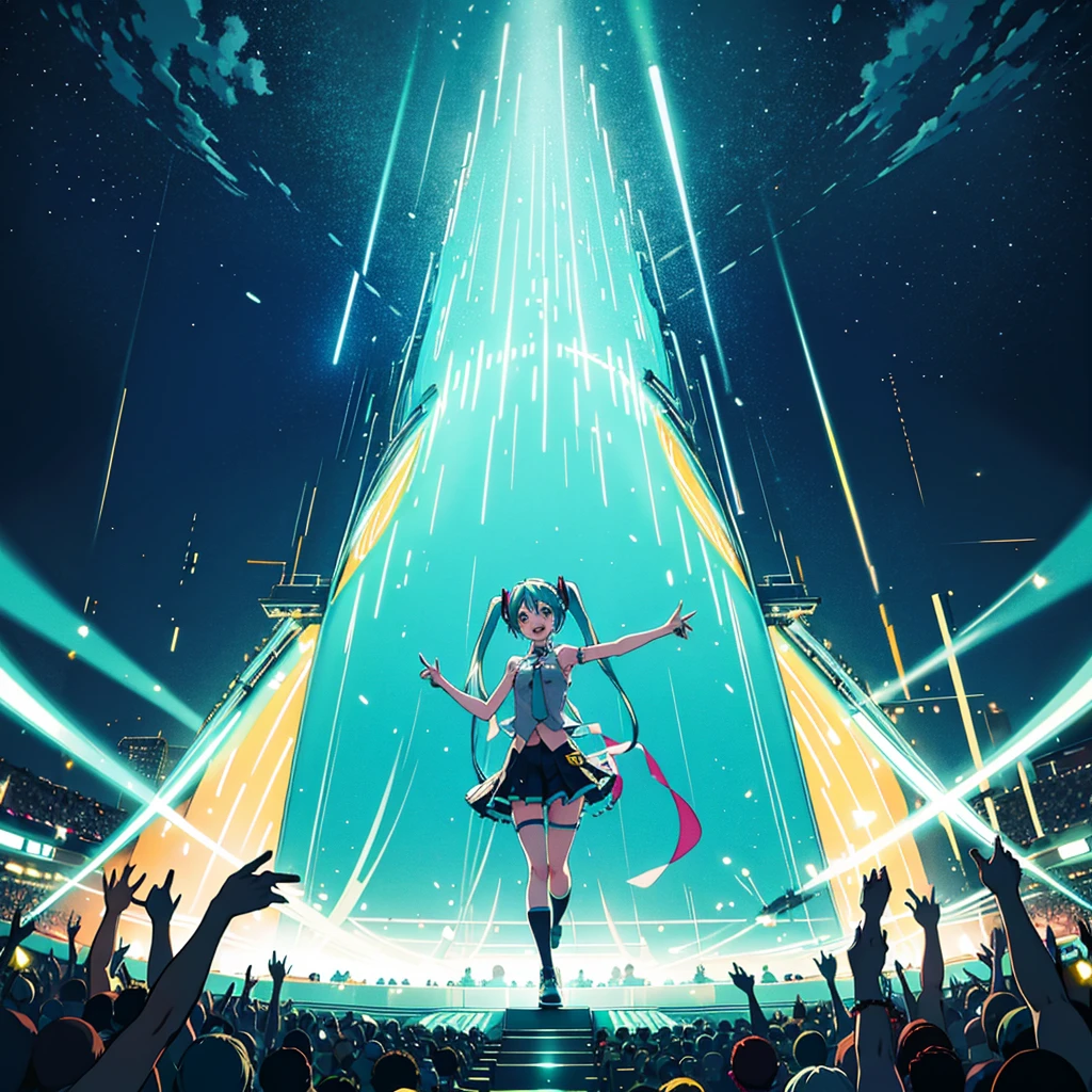 Hatsune Miku at a concert, singing, dancing, many people near the stage, lights, horizontal view, there are enthusiastic fans in the distance, holding light signs and glow sticks, bright picture, bright background, panoramic view, full body