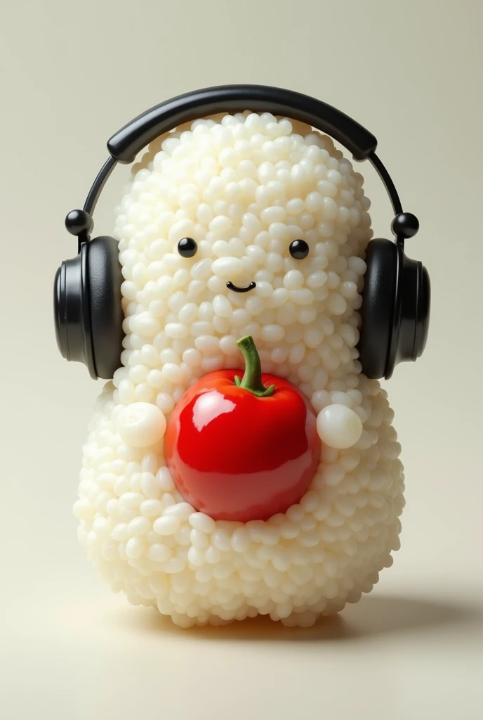 A faceless rice ball wearing headphones、There is a red, round pickled plum in the middle.