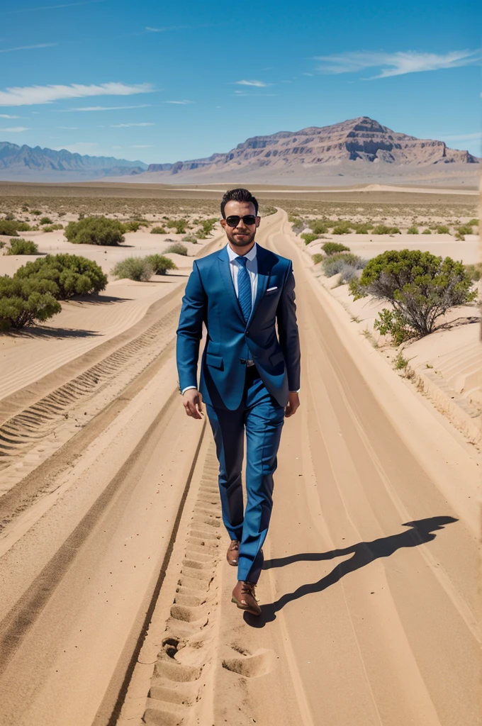 A person in a suit walking from a desert to a place with lush green pastures and beautiful blue skies