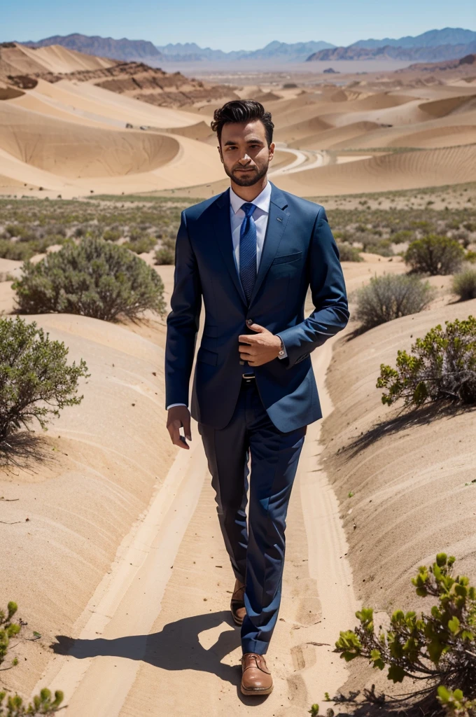 A person in a suit walking from a desert to a place with lush green pastures and beautiful blue skies