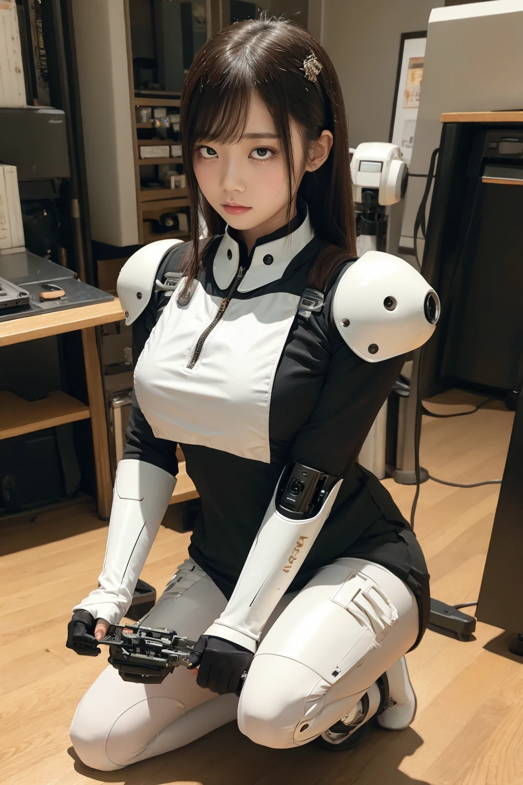 Japanese android girl,Plump , White boots,control panels,activate,Squat,android,droid,Mechanical Hand,clothes with a sense of mechanical technology, Robot arms and legs, Black Robot Parts,black hair,apron,white robot body,ceramic body,rolling eyes
