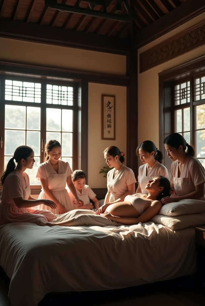 Sense of lens,Ancient,(Chinese ancient style)House,Main house master bedroom,Pregnant woman lying on bed,Surrounded by several busy midwives,Detailed description of interior decoration,Movie quality,Movie storyboard,8k,Ultra-clear,Hyperrealism