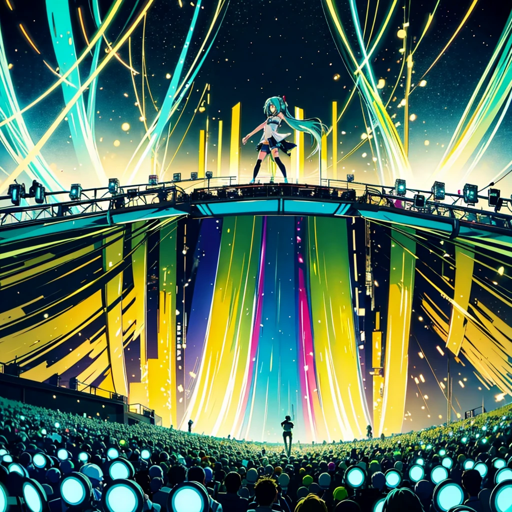 Hatsune Miku at a concert, singing, dancing, many people near the stage, lights, horizontal view, there are enthusiastic fans in the distance, holding light signs and glow sticks, bright picture, bright background, panoramic view, full body