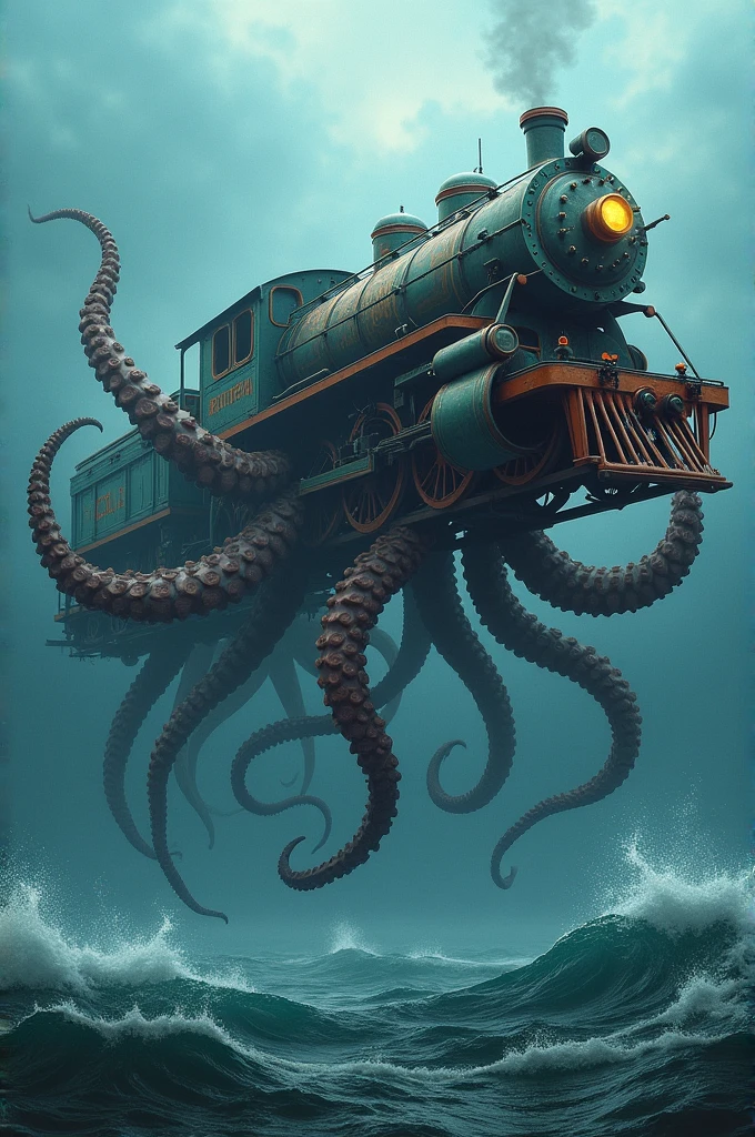 Giant octopus in the middle of the sea holding a train